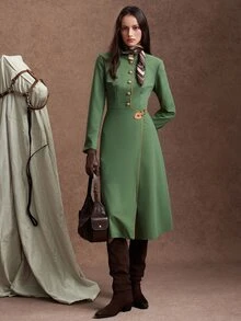 Zovinel Women's Elegant Vintage Trench Coat Jacket, Autumn - Army Green - View 7