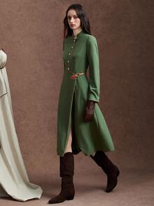 Zovinel Women's Elegant Vintage Trench Coat Jacket, Autumn - Army Green - View 8
