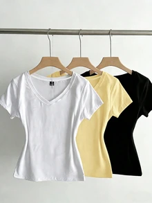 SHEIN EZwear 3件組女款夏季V領修身T恤，龐克休閒次文化動漫風，純色基礎款短袖修身日常居家穿搭，白色、黃色、黑色 - 彩色 - 查看 5