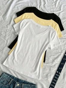 SHEIN EZwear 3件組女款夏季V領修身T恤，龐克休閒次文化動漫風，純色基礎款短袖修身日常居家穿搭，白色、黃色、黑色 - 彩色 - 查看 2