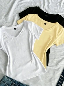 SHEIN EZwear 3件組女款夏季V領修身T恤，龐克休閒次文化動漫風，純色基礎款短袖修身日常居家穿搭，白色、黃色、黑色 - 彩色 - 查看 4