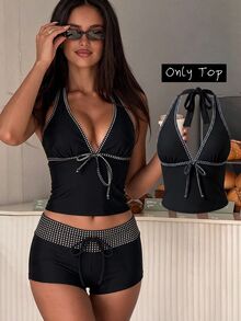 SHEIN Swim 女款純色細肩帶蝴蝶結 Mod&Vcay 比基尼上衣，春夏海灘派對黑白波點熱帶風 - 彩色 - 查看 2