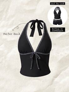 SHEIN Swim 女款純色細肩帶蝴蝶結 Mod&Vcay 比基尼上衣，春夏海灘派對黑白波點熱帶風 - 彩色 - 查看 1