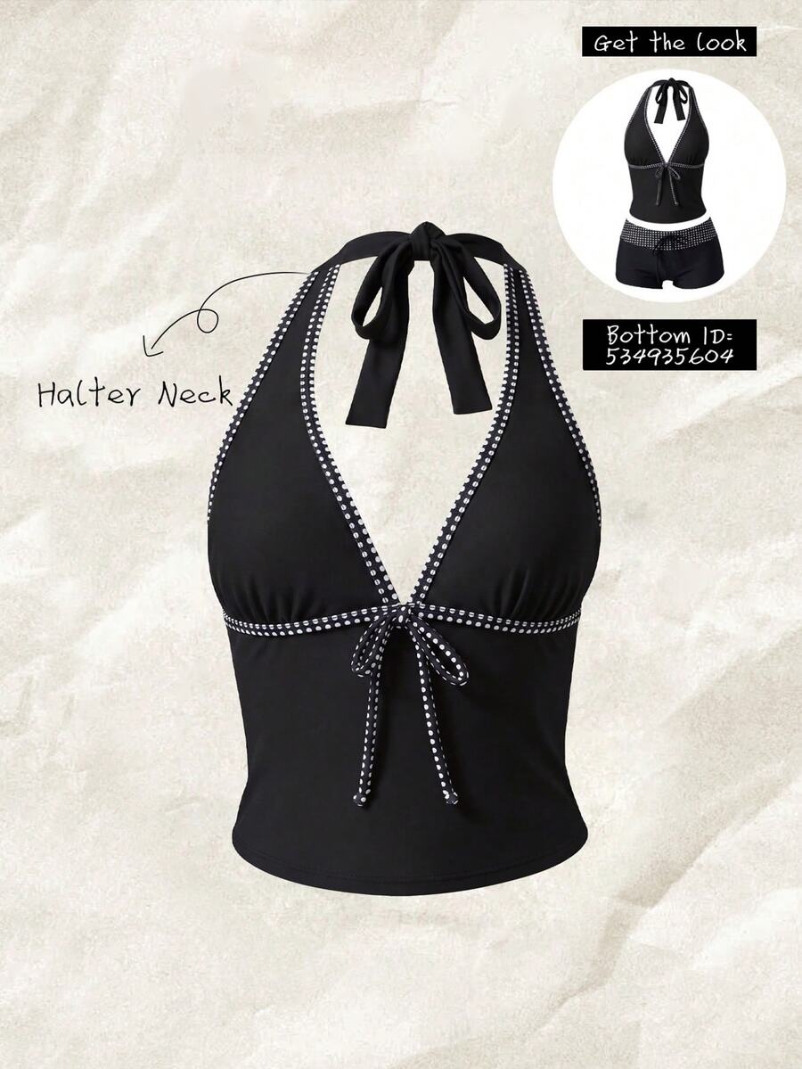 SHEIN Swim 女款純色細肩帶蝴蝶結 Mod&Vcay 比基尼上衣,春夏海灘派對黑白波點熱帶風 - 彩色 - 查看 1