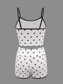 Sweetra Sport Women Polka Dot Contrast Binding Cami Top & Biker Shorts Sports Set - Black and White - View 7