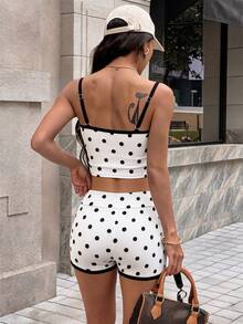 Sweetra Sport Women Polka Dot Contrast Binding Cami Top & Biker Shorts Sports Set - Black and White - View 2