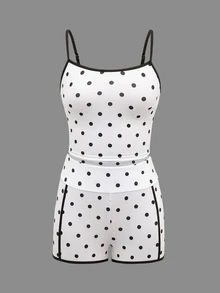Sweetra Sport Women Polka Dot Contrast Binding Cami Top & Biker Shorts Sports Set - Black and White - View 6