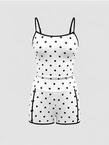Sweetra Sport Women Polka Dot Contrast Binding Cami Top & Biker Shorts Sports Set - Black and White - View 1
