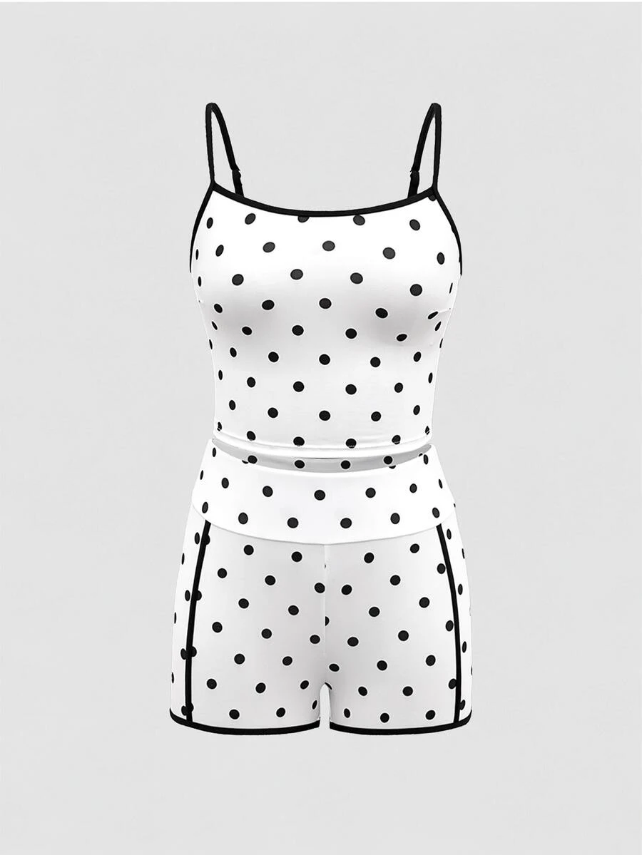 Sweetra Sport Women Polka Dot Contrast Binding Cami Top & Biker Shorts Sports Set - Black and White - View 1
