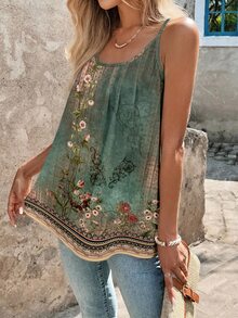SHEIN Clasi Women's Summer Floral Print Cami Top, Boho Distressed Print Sleeveless Top, Casual Minimalist Vintage Holiday Vacation For Beach - Multicolor - View 7