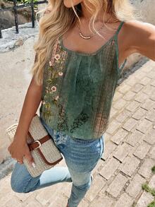 SHEIN Clasi Women's Summer Floral Print Cami Top, Boho Distressed Print Sleeveless Top, Casual Minimalist Vintage Holiday Vacation For Beach - Multicolor - View 5
