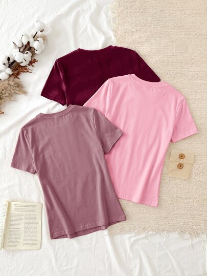 Tseoso 3pcs/Set Casual Minimalist 95% Cotton Women's Round Neck Fitted Longline Short Sleeve T-Shirt