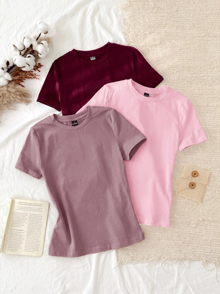Tseoso 3pcs/Set Kaos Wanita Kasual Minimalis 95% Katun Leher Bulat Pas Badan Lengan Pendek - MultiWarna - View 6