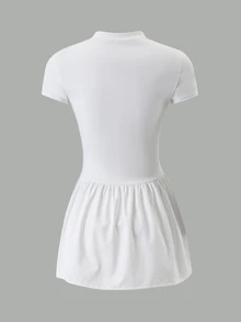 SHEIN Sports 2pcs Set Stand Collar Half-Open Neck Short Sleeve Cinched Waist Pleated Dress, Solid Color Minimalist Tennis Skirt, Slim Fit Flattering Athletic Skirt, Outdoor Court Casual Vacation Outfit, Sharp Tailoring, Summer Commute Travel, Light Luxury High-End Texture, Daily Date Picnic Outing - White - View 9