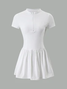 SHEIN Sports 2pcs Set Stand Collar Half-Open Neck Short Sleeve Cinched Waist Pleated Dress, Solid Color Minimalist Tennis Skirt, Slim Fit Flattering Athletic Skirt, Outdoor Court Casual Vacation Outfit, Sharp Tailoring, Summer Commute Travel, Light Luxury High-End Texture, Daily Date Picnic Outing - White - View 8
