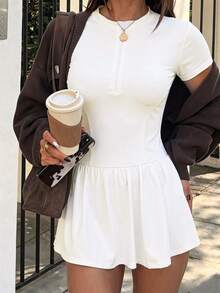 SHEIN Sports 2pcs Set Stand Collar Half-Open Neck Short Sleeve Cinched Waist Pleated Dress, Solid Color Minimalist Tennis Skirt, Slim Fit Flattering Athletic Skirt, Outdoor Court Casual Vacation Outfit, Sharp Tailoring, Summer Commute Travel, Light Luxury High-End Texture, Daily Date Picnic Outing - White - View 3