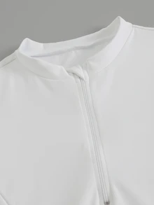 SHEIN Sports 2pcs Set Stand Collar Half-Open Neck Short Sleeve Cinched Waist Pleated Dress, Solid Color Minimalist Tennis Skirt, Slim Fit Flattering Athletic Skirt, Outdoor Court Casual Vacation Outfit, Sharp Tailoring, Summer Commute Travel, Light Luxury High-End Texture, Daily Date Picnic Outing - White - View 10