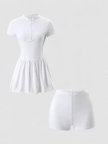 SHEIN Sports 2pcs Set Stand Collar Half-Open Neck Short Sleeve Cinched Waist Pleated Dress, Solid Color Minimalist Tennis Skirt, Slim Fit Flattering Athletic Skirt, Outdoor Court Casual Vacation Outfit, Sharp Tailoring, Summer Commute Travel, Light Luxury High-End Texture, Daily Date Picnic Outing - White - View 2