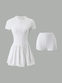SHEIN Sports 2pcs Set Stand Collar Half-Open Neck Short Sleeve Cinched Waist Pleated Dress, Solid Color Minimalist Tennis Skirt, Slim Fit Flattering Athletic Skirt, Outdoor Court Casual Vacation Outfit, Sharp Tailoring, Summer Commute Travel, Light Luxury High-End Texture, Daily Date Picnic Outing - White - View 4
