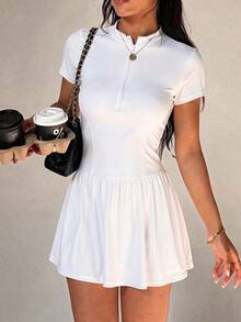 SHEIN Sports 2pcs Set Stand Collar Half-Open Neck Short Sleeve Cinched Waist Pleated Dress, Solid Color Minimalist Tennis Skirt, Slim Fit Flattering Athletic Skirt, Outdoor Court Casual Vacation Outfit, Sharp Tailoring, Summer Commute Travel, Light Luxury High-End Texture, Daily Date Picnic Outing - White - View 5