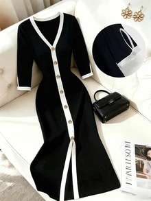 GlowEve CURVE Women's Plus Size Fashionable Elegant Colorblock Patchwork Ribbed Fabric V-Neck Front Button Sleeve Side Slit Long Sleeve Dress - Black - View 1