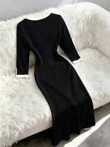 GlowEve CURVE Women's Plus Size Fashionable Elegant Colorblock Patchwork Ribbed Fabric V-Neck Front Button Sleeve Side Slit Long Sleeve Dress - Black - View 2