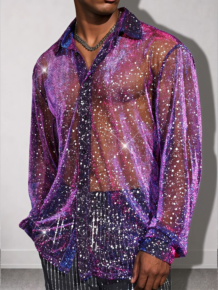 Mainfolk Men's Party Glitter Mesh Single-Breasted Long Sleeve Shirt - Silver - View 1