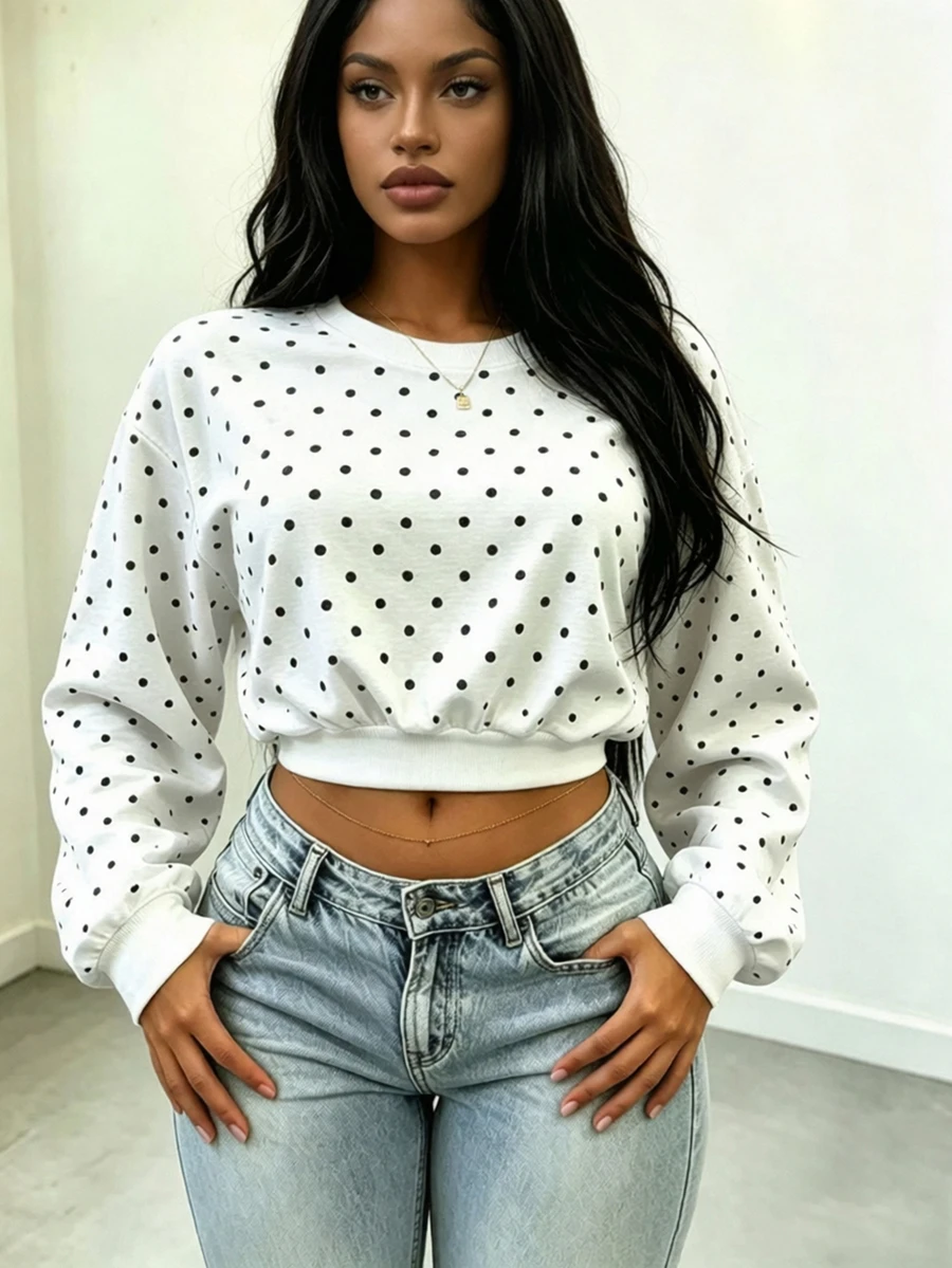 Rovax Loose Fit Cropped Round Neck Drop Shoulder Long Sleeve Top - White - View 1