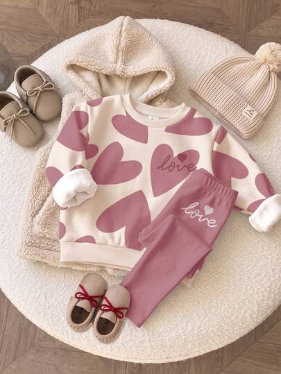 SHEIN Sweet Gray Purple Set, Cute Girl Abstract Geometric Heart Pattern Print, Baby Girl Casual Comfortable Soft Warm Crew Neck Pullover Sweatshirt & Leggings, Suitable For Autumn/Winter Daily Wear, Maillard Color Palette, Cozy Season, New Season, Fall Vibes