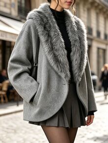 SHEIN Women's Luxury Plush Large Lapel Short Overcoat, Commute Casual Versatile Loose Winter Outerwear - Grey - View 5