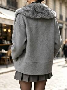 SHEIN Women's Luxury Plush Large Lapel Short Overcoat, Commute Casual Versatile Loose Winter Outerwear - Grey - View 2