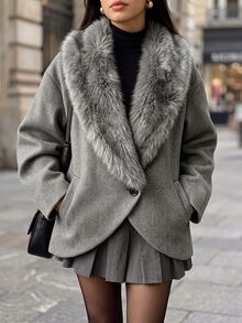 SHEIN Women's Luxury Plush Large Lapel Short Overcoat, Commute Casual Versatile Loose Winter Outerwear - Grey - View 3
