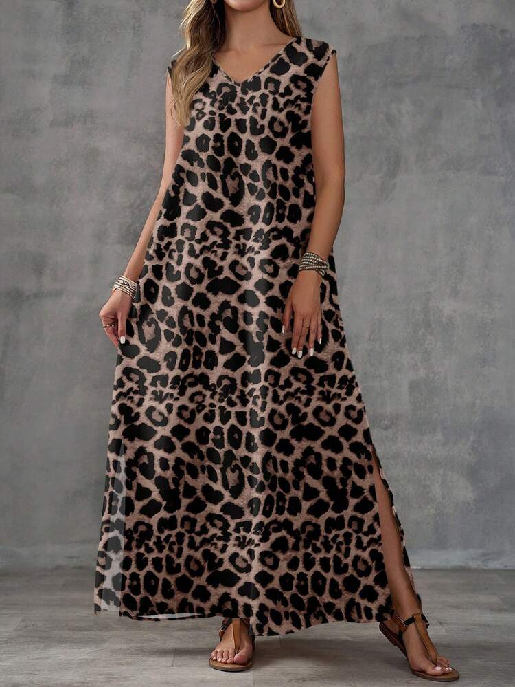 EMERY ROSE Women's Extra Long Vintage Leopard Print Dress, Business Casual, Work Attire Chic Dress - Multicolor - View 4