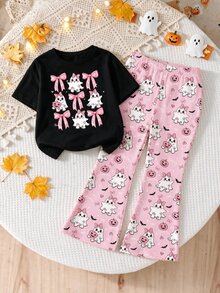 Halloween Clothes Girls Toddler Cute Fresh Cartoon 9-Grid Ghost Bow Pattern Basic Short T-Shirt And Flared Pants Set - Multicolor - View 3