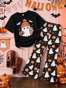 Halloween Young Girls 1 Set Ghost Pumpkin Print Short Sleeve Tee & Flare Pants Set, Casual Fall Outfit - Multicolor - View 2