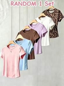 1 Pc Random Women's Teen Short T-Shirt White Black Grey Pink Navy Brown Casual All-Match Versatile All-Season Wear - Multicolor - View 3
