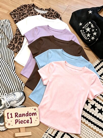 1 pieza Camiseta corta aleatoria para mujer y adolescente, blanca, negra, gris, rosa, azul marino, marrón, casual, versátil para combinar con todo, para usar en todas las estaciones
