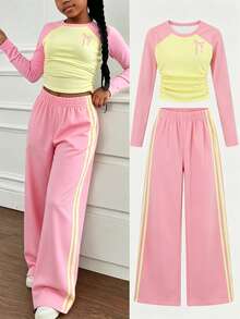 Tween Girl 2?Piece Fall Long?Sleeve Casual Outfit Set, Fitted Round Neck Ruched Knit Top, Y2K Pink?Yellow Colorblock Straight Wide?Leg Knit Pants - Multicolor - View 5