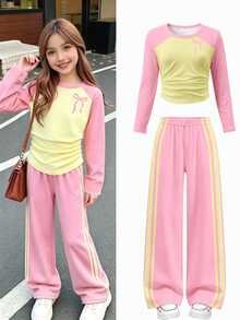 Tween Girl 2?Piece Fall Long?Sleeve Casual Outfit Set, Fitted Round Neck Ruched Knit Top, Y2K Pink?Yellow Colorblock Straight Wide?Leg Knit Pants - Multicolor - View 4