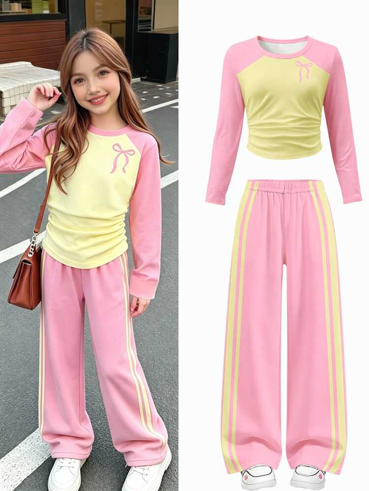 Tween Girl 2?Piece Fall Long?Sleeve Casual Outfit Set, Fitted Round Neck Ruched Knit Top, Y2K Pink?Yellow Colorblock Straight Wide?Leg Knit Pants - Multicolor - View 4