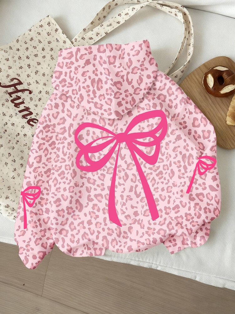 1pc Baby Girls Cute Leopard Print Bow Pattern Fuzzy Hooded Long Sleeve Pullover Sweatshirt, Suitable For Autumn/Winter - Multicolor - View 2