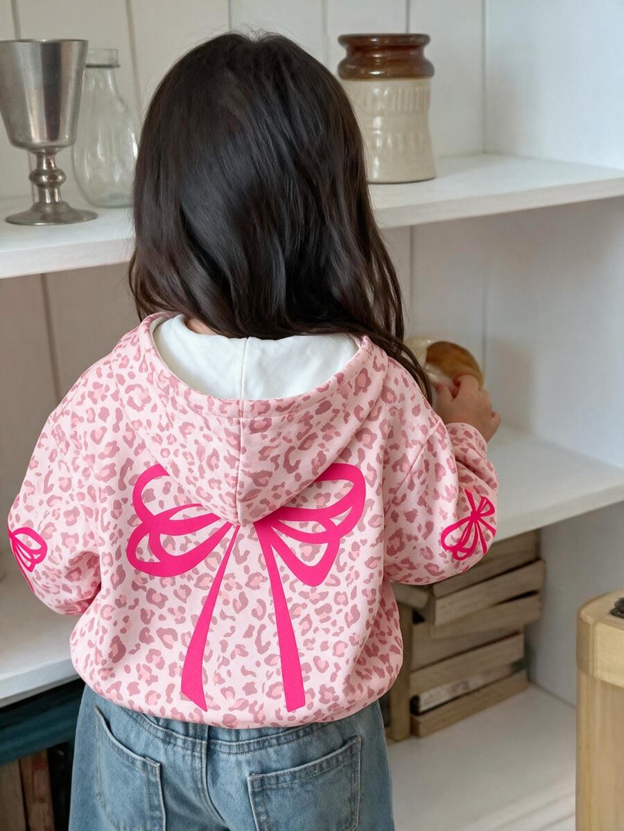 1pc Baby Girls Cute Leopard Print Bow Pattern Fuzzy Hooded Long Sleeve Pullover Sweatshirt, Suitable For Autumn/Winter - Multicolor - View 1