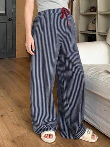 DAZY Striped Color Block Drawstring Elastic Waist Loose Wide Leg Pants Casual Daily Home Wear Spring Autumn Maternity Pants - Blue - View 3