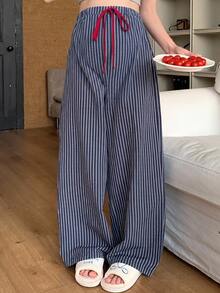 DAZY Striped Color Block Drawstring Elastic Waist Loose Wide Leg Pants Casual Daily Home Wear Spring Autumn Maternity Pants - Blue - View 4