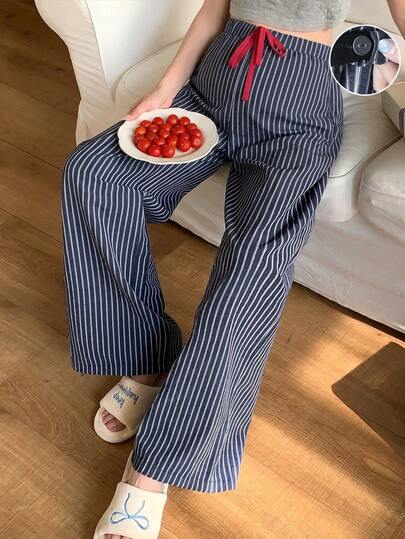 DAZY Pantalones de pierna ancha holgados con cintura elástica y cordón, bloques de color a rayas, para uso casual diario en casa, primavera y otoño, pantalones de maternidad