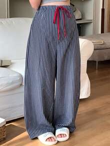 DAZY Striped Color Block Drawstring Elastic Waist Loose Wide Leg Pants Casual Daily Home Wear Spring Autumn Maternity Pants - Blue - View 6