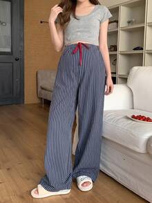 DAZY Striped Color Block Drawstring Elastic Waist Loose Wide Leg Pants Casual Daily Home Wear Spring Autumn Maternity Pants - Blue - View 7