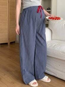 DAZY Striped Color Block Drawstring Elastic Waist Loose Wide Leg Pants Casual Daily Home Wear Spring Autumn Maternity Pants - Blue - View 5