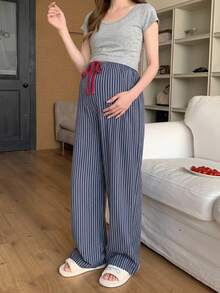 DAZY Striped Color Block Drawstring Elastic Waist Loose Wide Leg Pants Casual Daily Home Wear Spring Autumn Maternity Pants - Blue - View 2