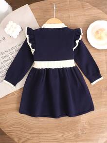 SHEIN Baby Girls Blue & White Color Block Waist-Cinching A-Line Dress, Bow Decor, Ruffle Trim, Baby Girls, Autumn/Winter Wear, Holiday Wear - Royal Blue - View 2